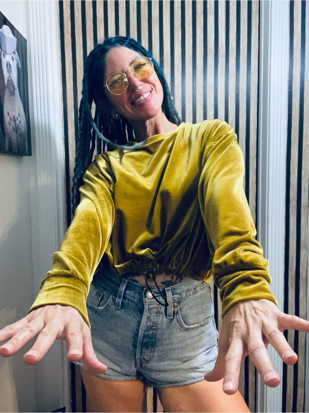 Urban Outfitters Velvet Drawstring Crop Top in Mustard Yellow